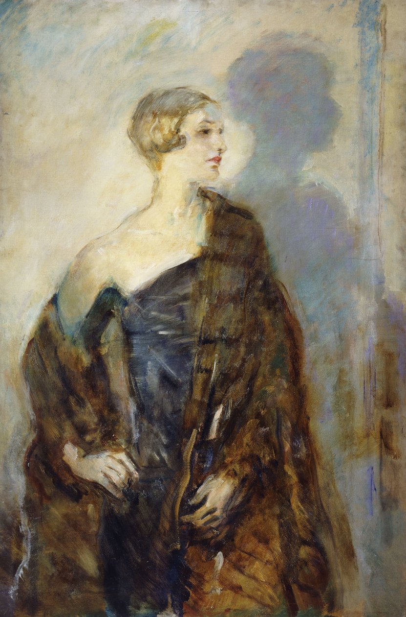Portrét lady Abdyové, tříčtvrteční, na sobě kožešinový zavinovač, od Ambrose McEvoy
