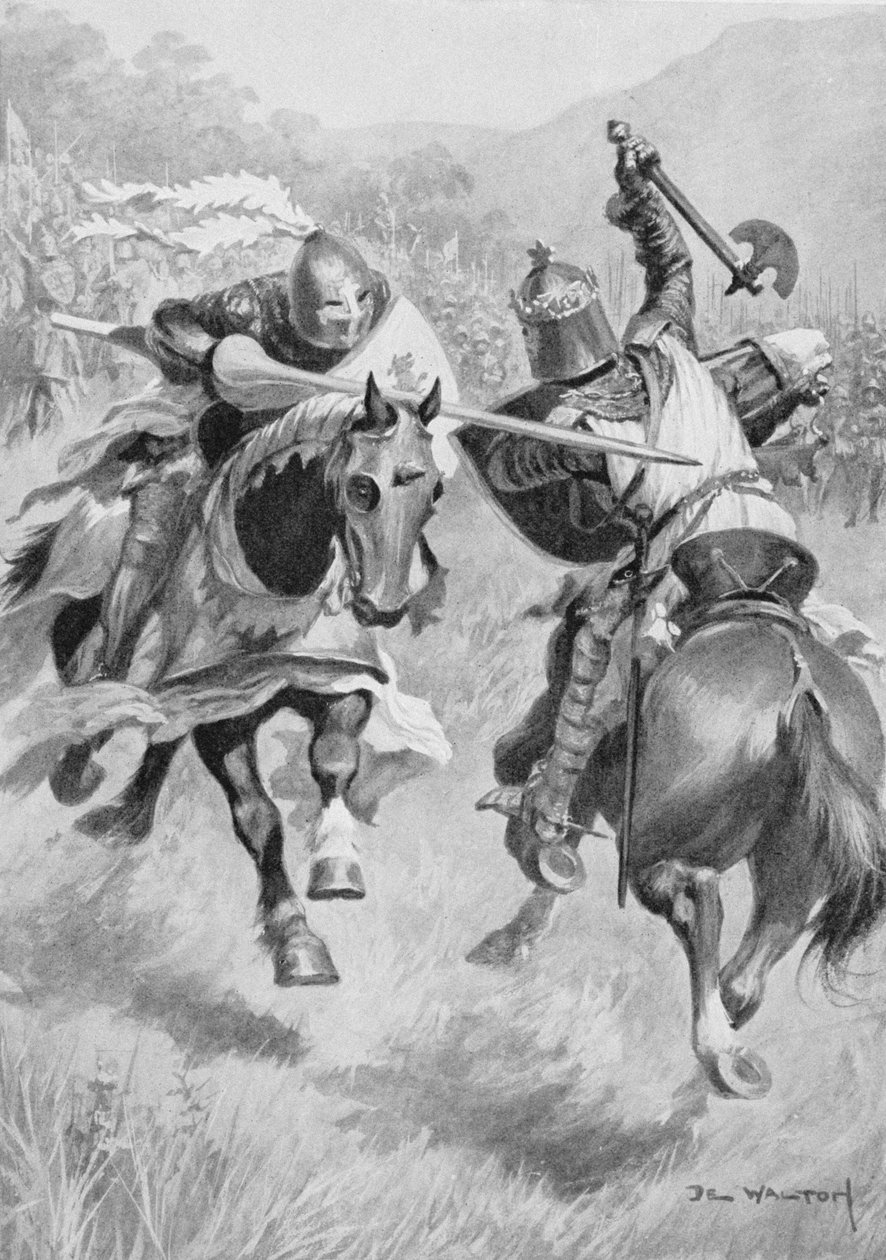 Setkání mezi Robertem Brucem (1274-1329) a sirem Henrym de Bohunem (1276-1322) ilustrace z britských bitev na pevnině a moři upravená sirem Evelyn Woodem (1838-1919), poprvé publikována v roce 1915 (barevné litho od Ambrose de Walton