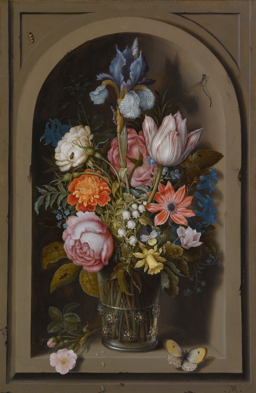 Zátiší s květinami ve skleněné kádince zasazené do mramorového výklenku od Ambrosius the Elder Bosschaert
