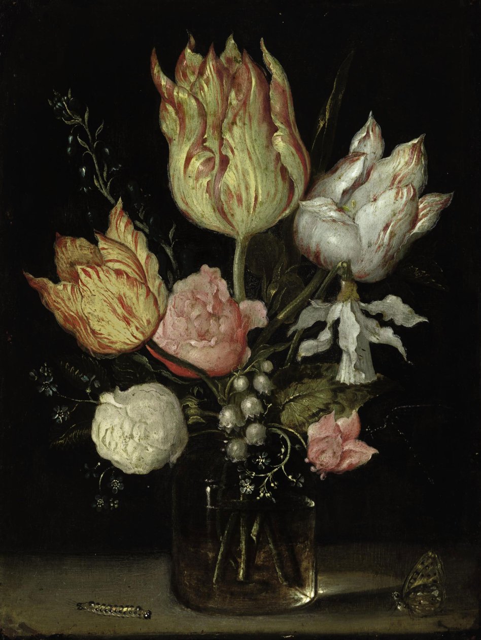 Zátiší květin ve skleněné váze s housenkou a motýlem od Ambrosius Bosschaert