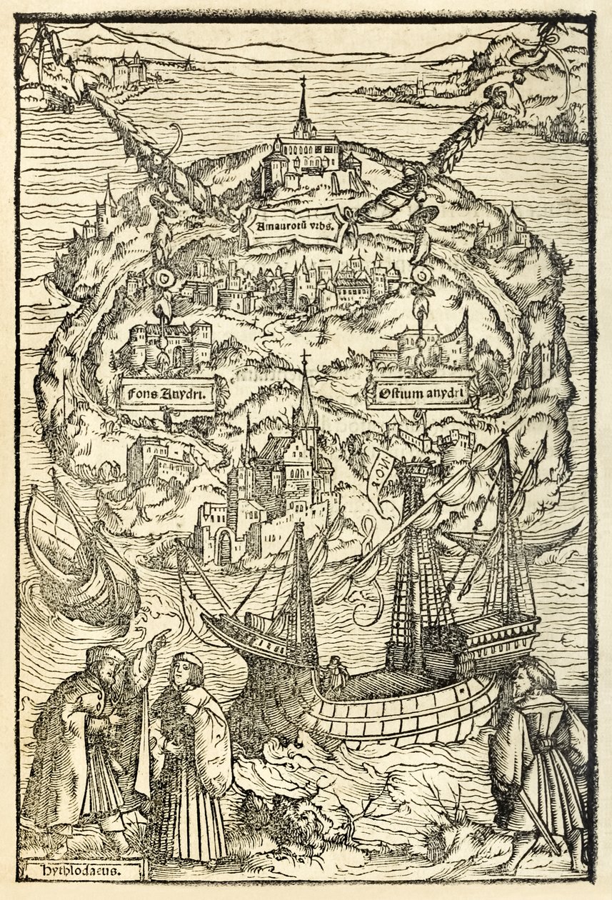 Mapa Nového ostrova Utopie z vydání Utopie z roku 1518 od Sira Thomase Morea (1478-1535), poprvé vydaného v roce 1516. Dřevoryt Ambrosia Holbeina (asi 1494-asi 1519) zobrazující ostrov s protagonis od Ambrosius Holbein