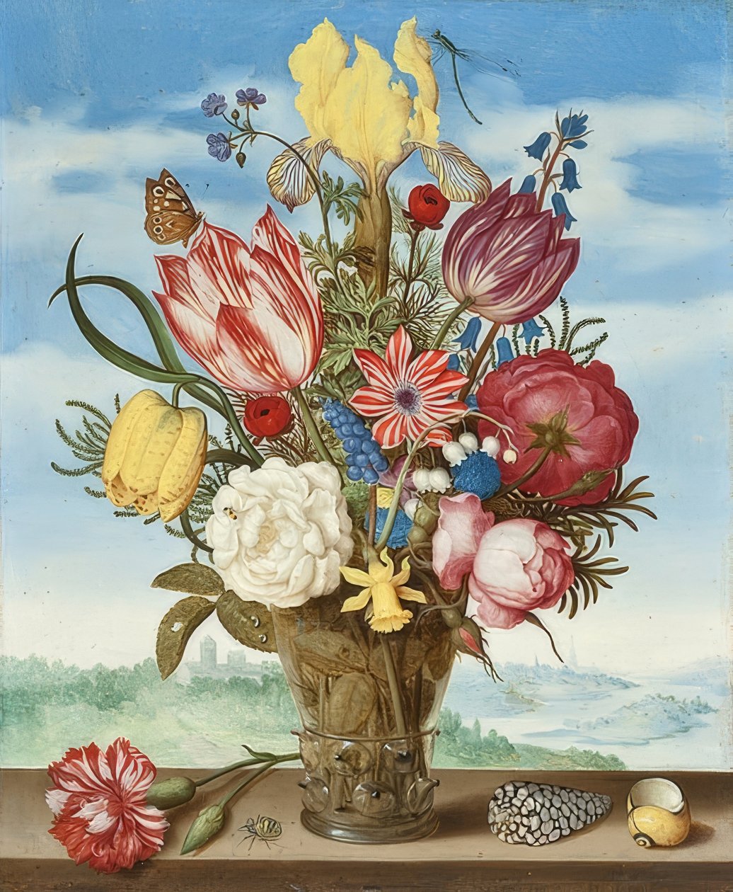 Kytice květin na římse. 1619 od Ambrosius the Elder Bosschaert