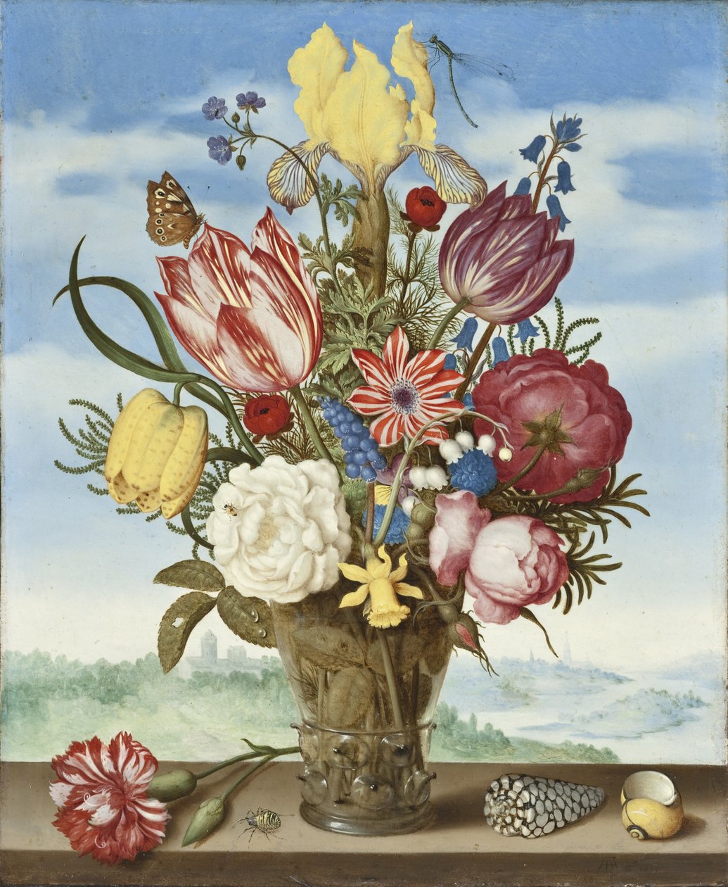 Kytice květin na římse od Ambrosius the Elder Bosschaert