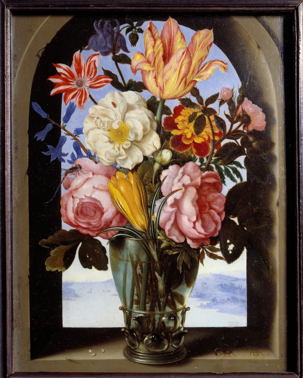 Kytice květin v kamenném rámu otevírajícím se do krajiny Malba Ambrosia Bosschaerta (1573-1621) od Ambrosius the Elder Bosschaert