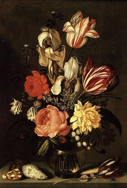 Smíšené květiny na římse s mušlemi a mouchou od Ambrosius the Younger Bosschaert