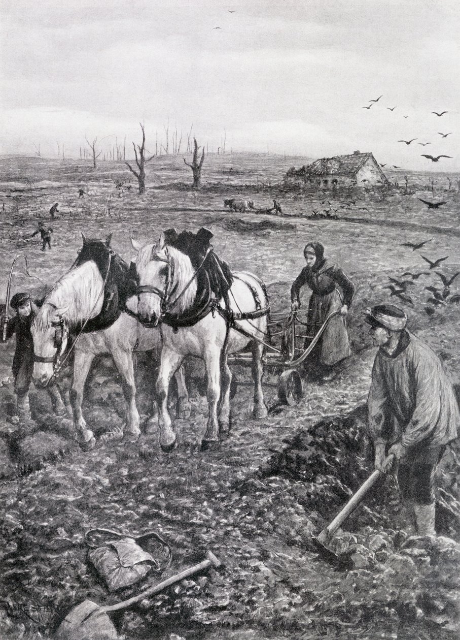 Farmáři pracující na zničených polích, 1918 (polotónový novinový papír) od Amedee Forestier
