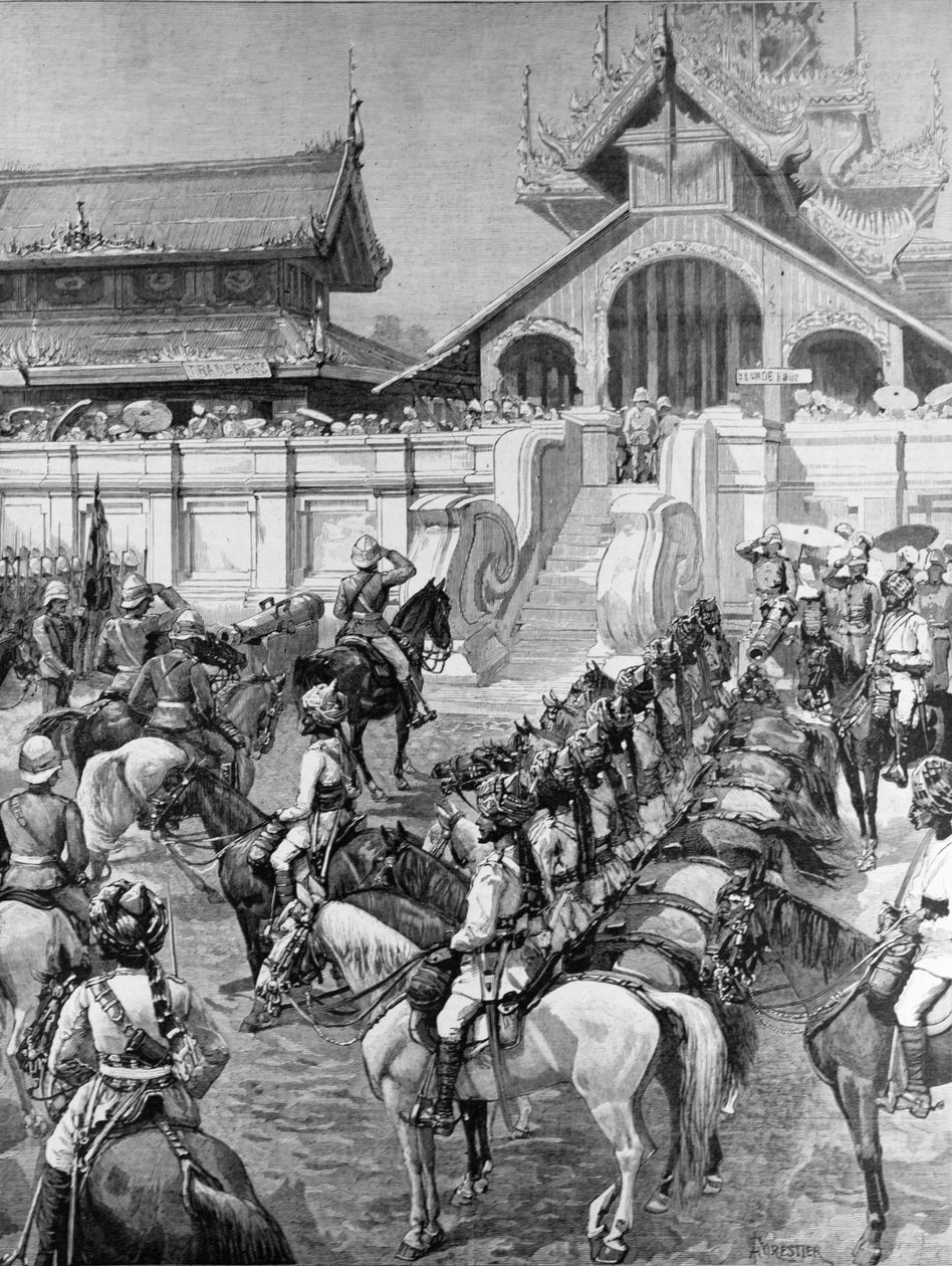 Naše jednotky v Barmě: Přijetí generála F. Robertse v Mandalay u východní brány paláce, z „The Illustrated London News“, 8. ledna 1887 od Amedee Forestier