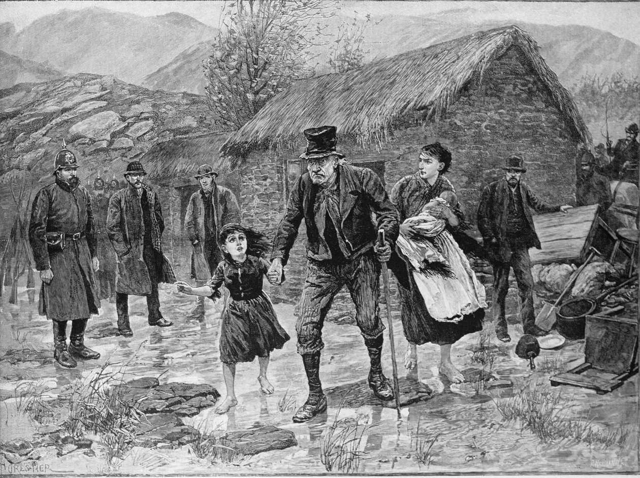 Scéna z irského vystěhování v hrabství Kerry, z „The Illustrated London News“, 15. ledna 1887 od Amedee Forestier
