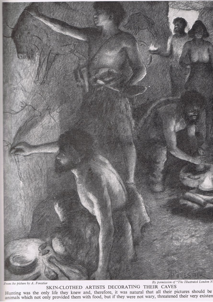 Umělci v oděvu do kůže zdobící své jeskyně, ilustrace z „Příběhu britského lidu“, kolem roku 1950 od Amedee Forestier