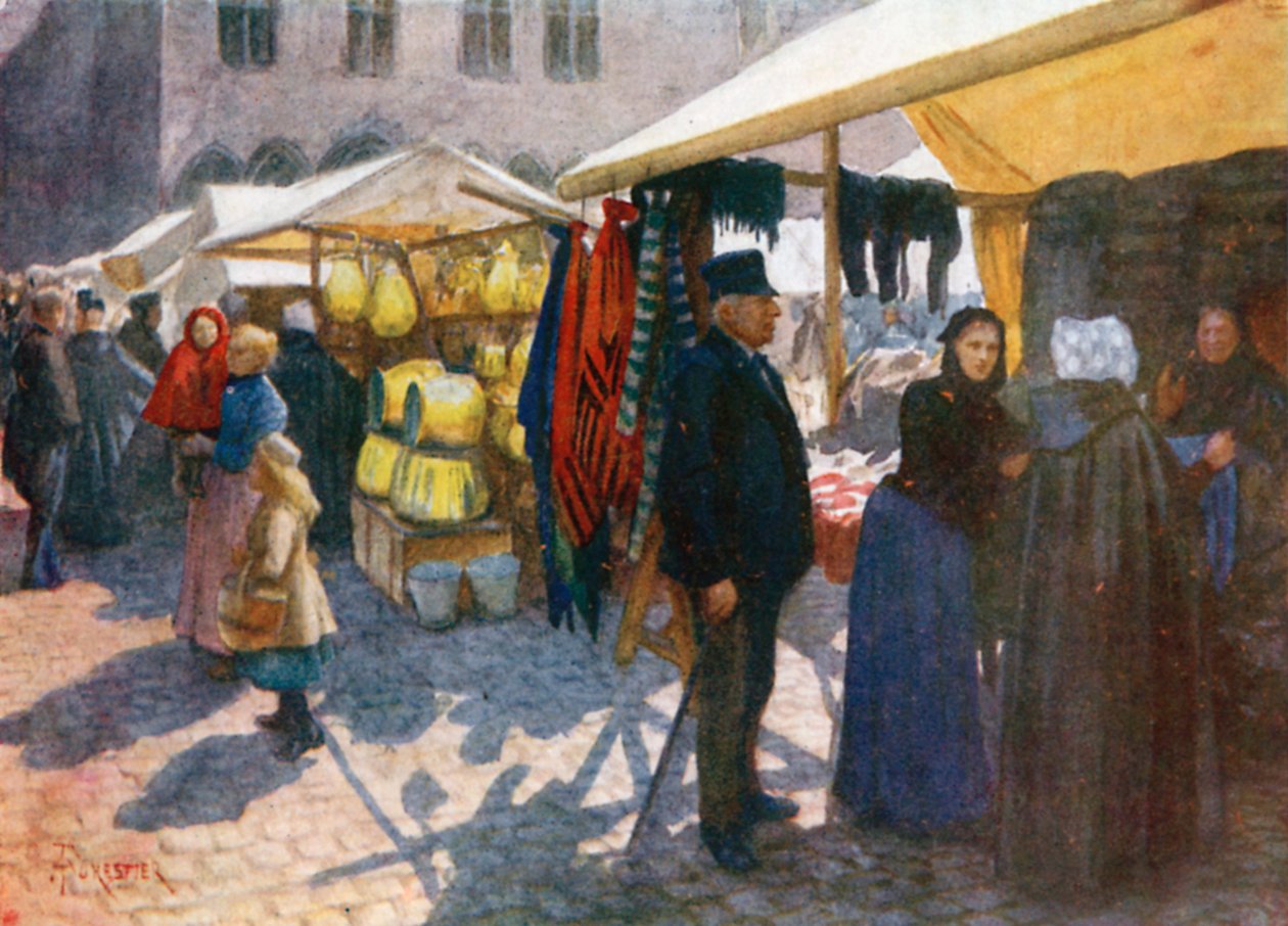 Tržní koutek na náměstí Grande Place, Bruggy (barevná litografie) od Amedee (after) Forestier