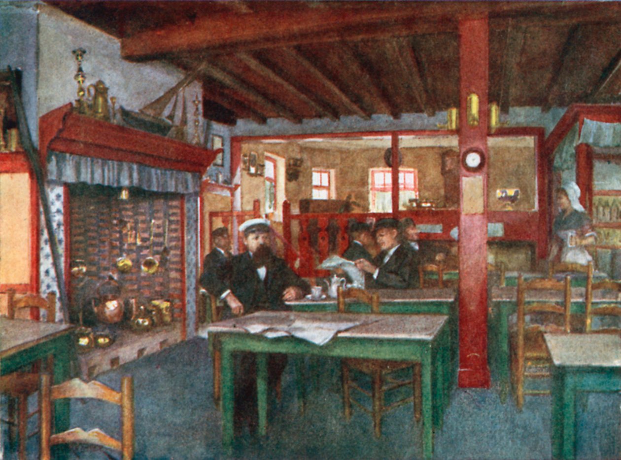 Interiér vlámského hostince, La Panne (barevná litografie) od Amedee (after) Forestier