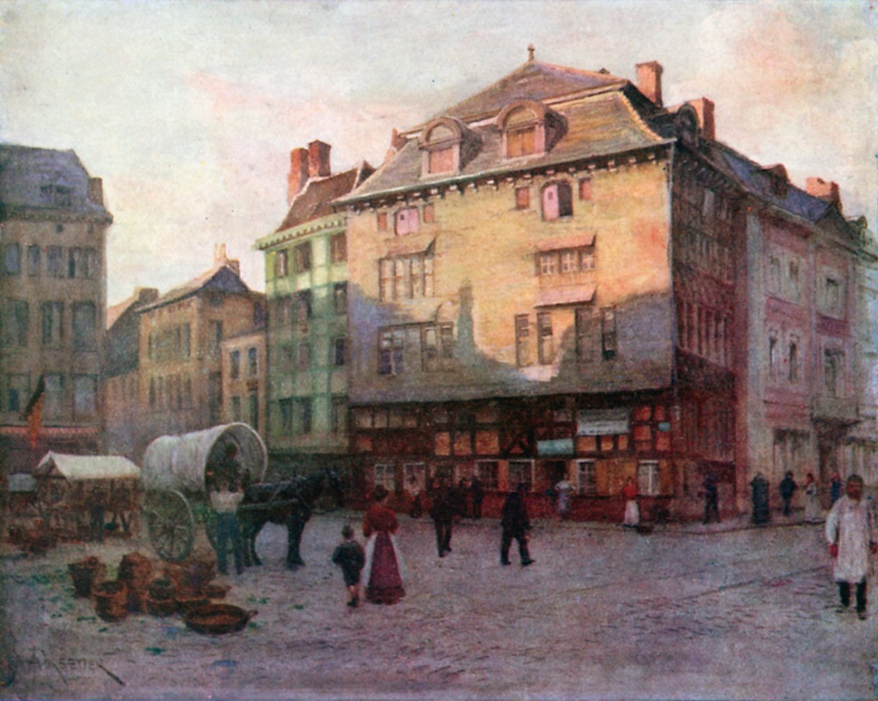 Starý dům na Quai de la Goffe, Liege (barevná litografie) od Amedee (after) Forestier