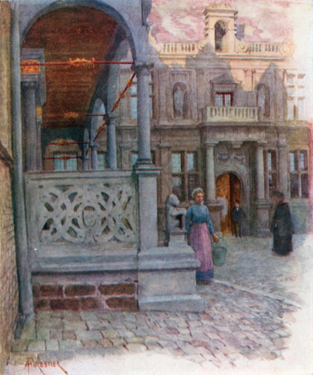 Peristyl radnice a soudního paláce, Furnes (barevná litografie) od Amedee (after) Forestier