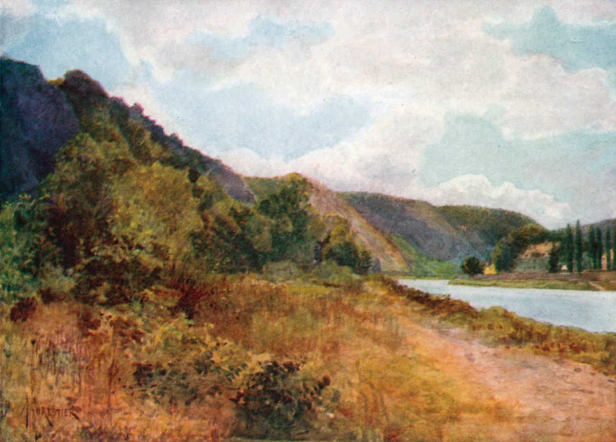 Zámek de Waulsort na řece Máze (barevná litografie) od Amedee (after) Forestier