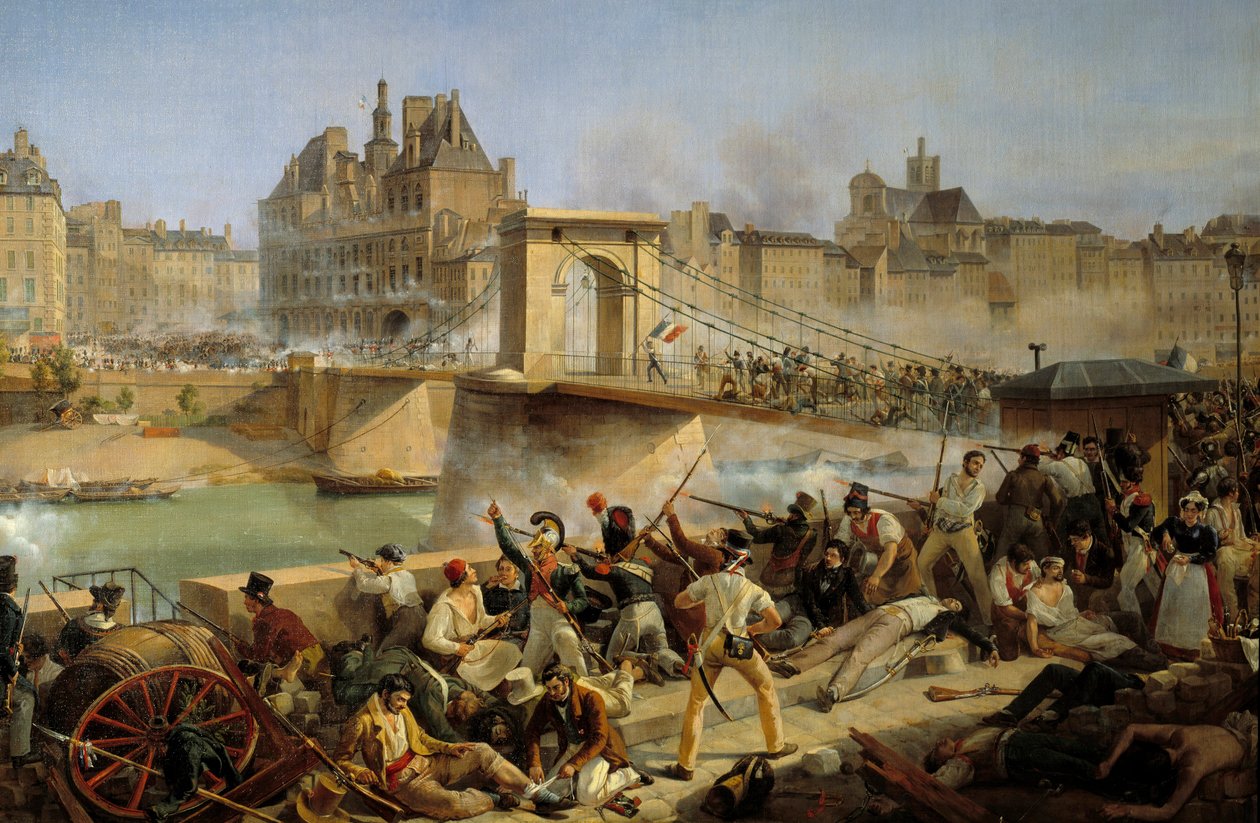 Revoluce 1830, červencový den: útok na hotel de Ville de Paris a boj na mostě Arcole, 28. července 1830 (olej na plátně) od Amédée Bourgeois