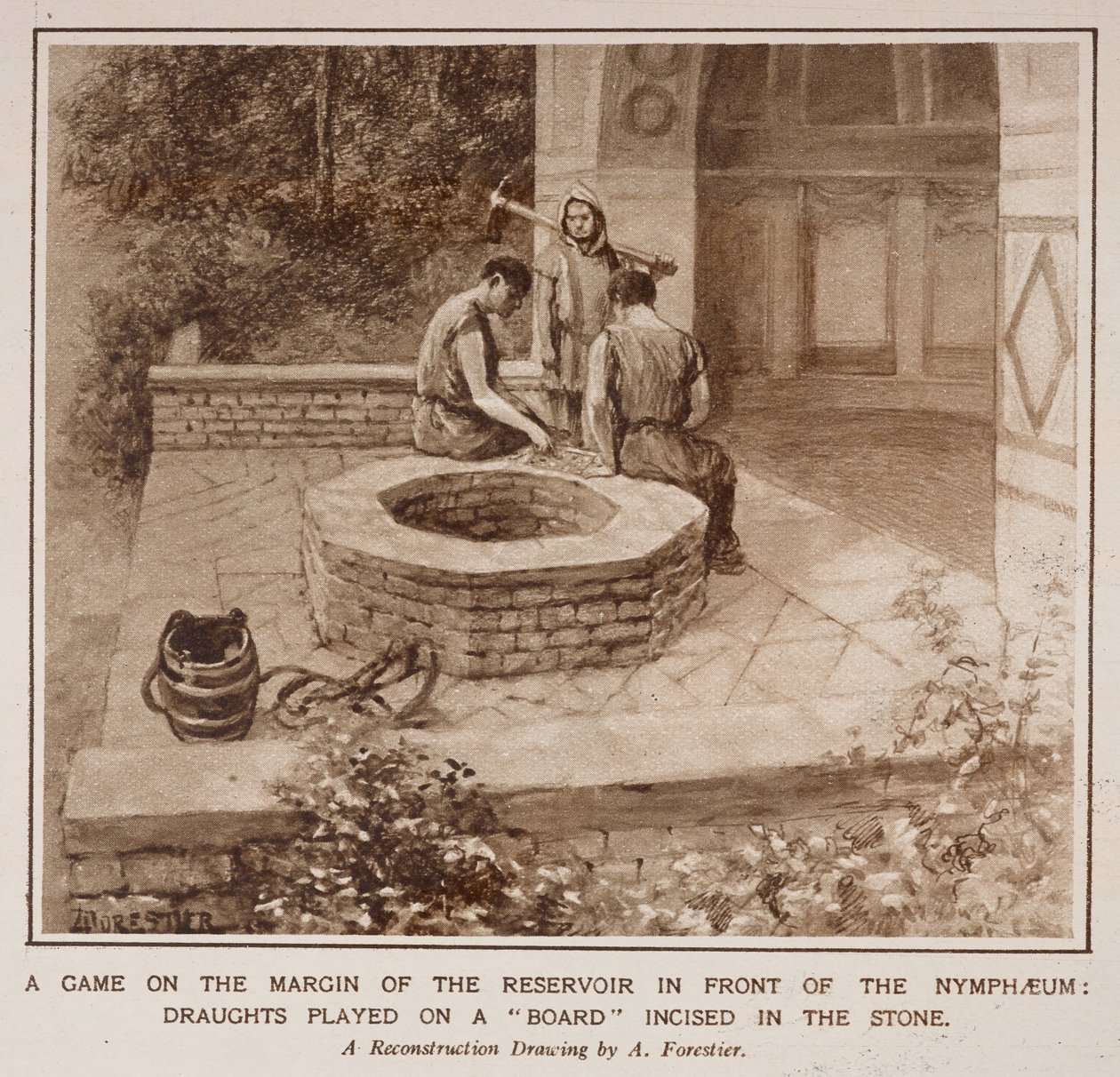 Hra na okraji přehrady před Nymphaeem, z článku nazvaného ‚The Country Life of the Romans in England‘ v Illustrated London News od Amedee Forestier