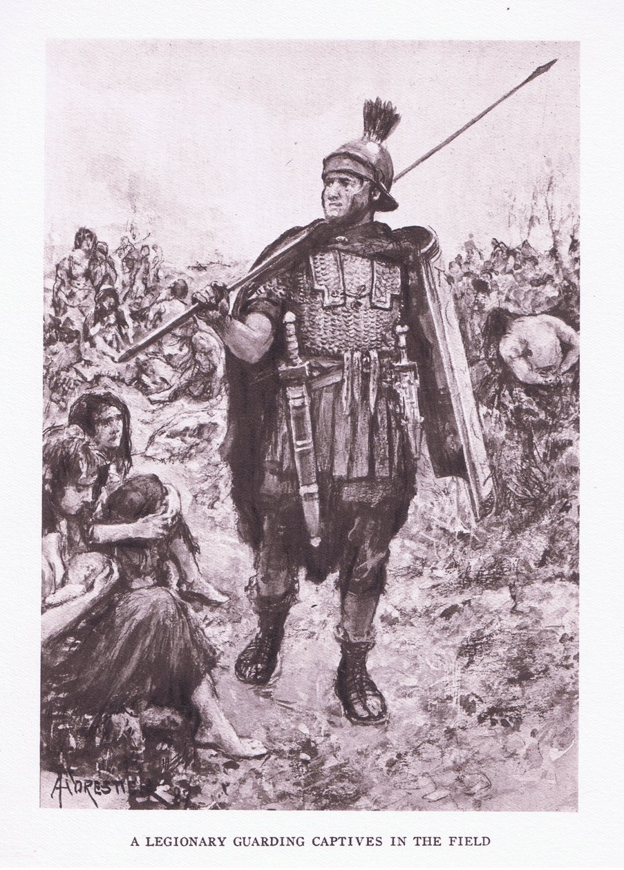 Legionář hlídající zajatce na poli, ilustrace z Římského vojáka, 1928 od Amedee Forestier