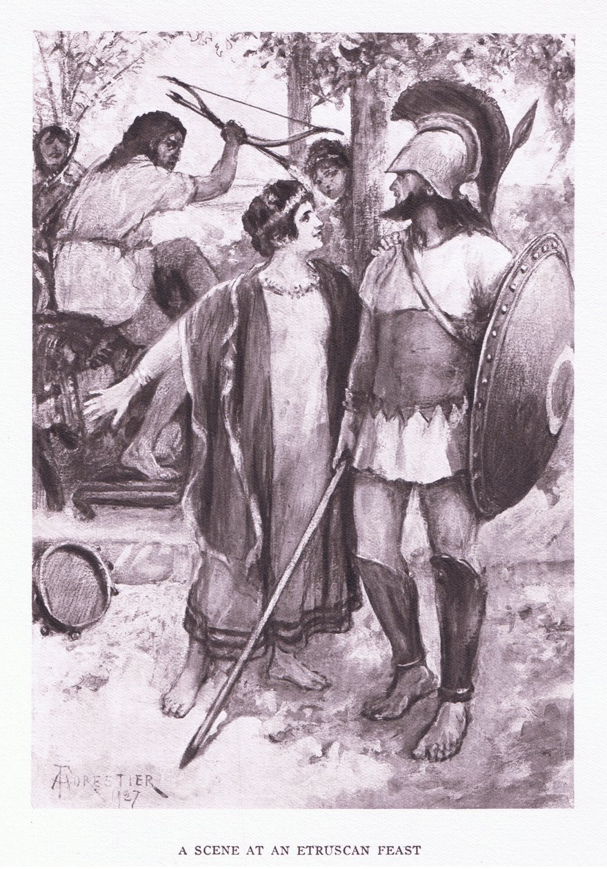 Scéna na etruské hostině, ilustrace z The Roman Soldier, 1928 od Amedee Forestier