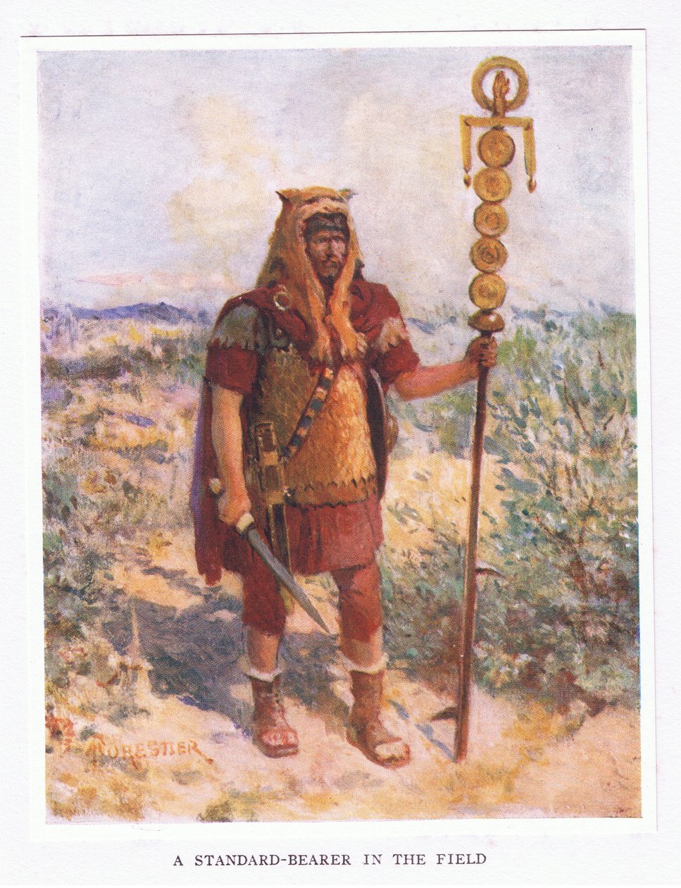 Vlajkonoš v poli, ilustrace z The Roman Soldier, 1928 od Amedee Forestier