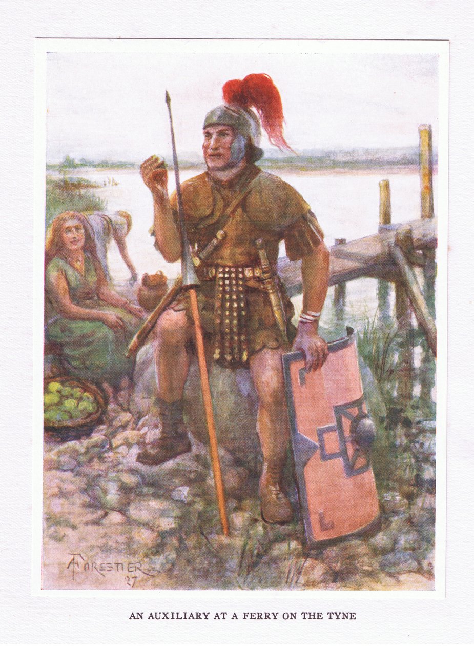 Pomocný oddíl na přívozu na řece Tyne, ilustrace z knihy Římský voják, 1928 od Amedee Forestier