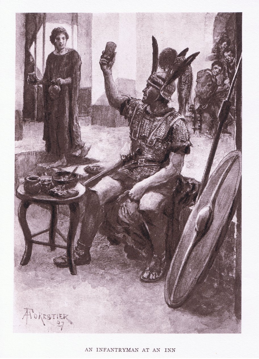 Pěšák v hostinci, ilustrace z The Roman Soldier, 1928 od Amedee Forestier