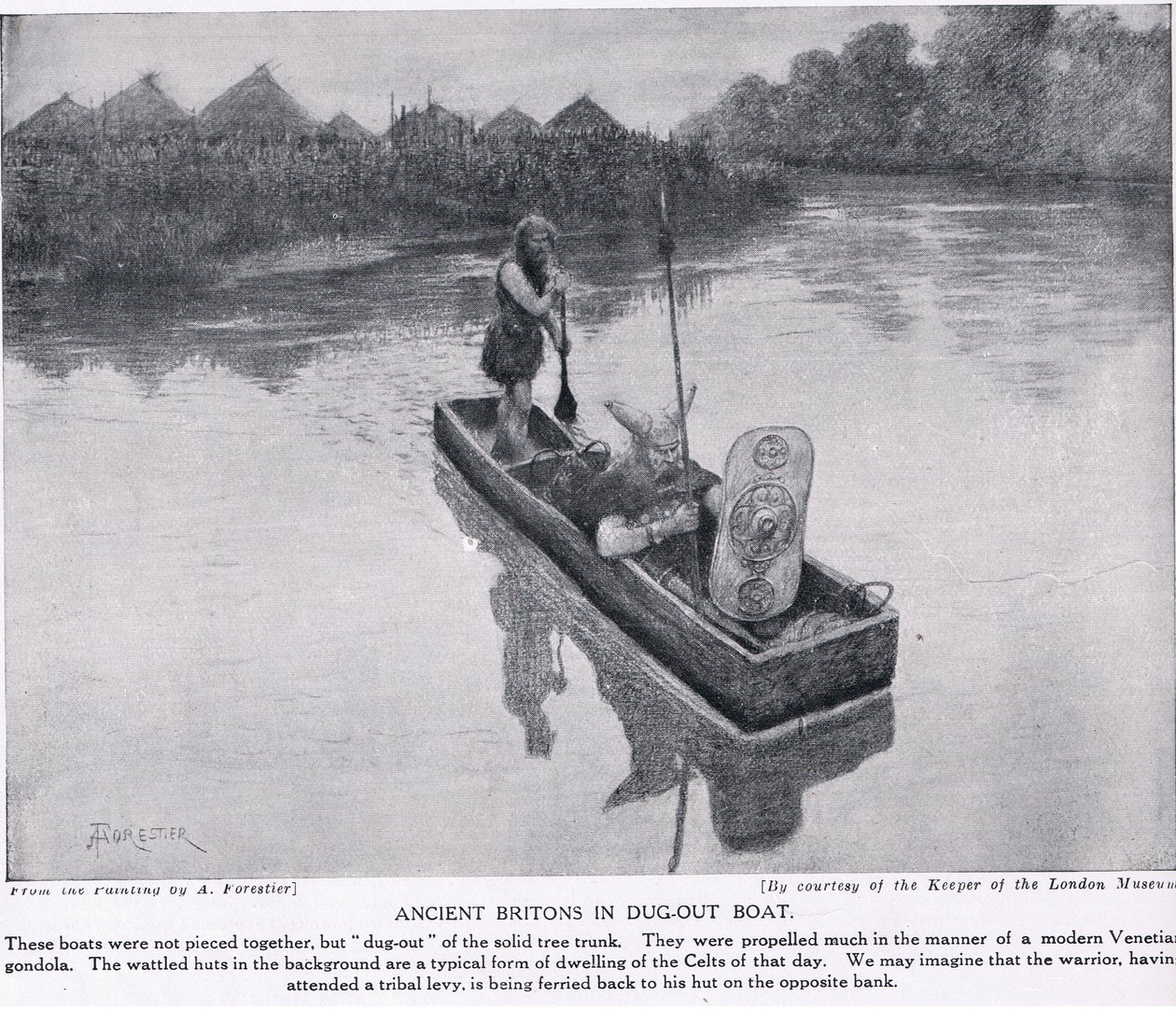 Starověcí Britové na vykopané lodi, ilustrace z „Hutchinsonovy historie národů“, kolem roku 1910 od Amedee Forestier