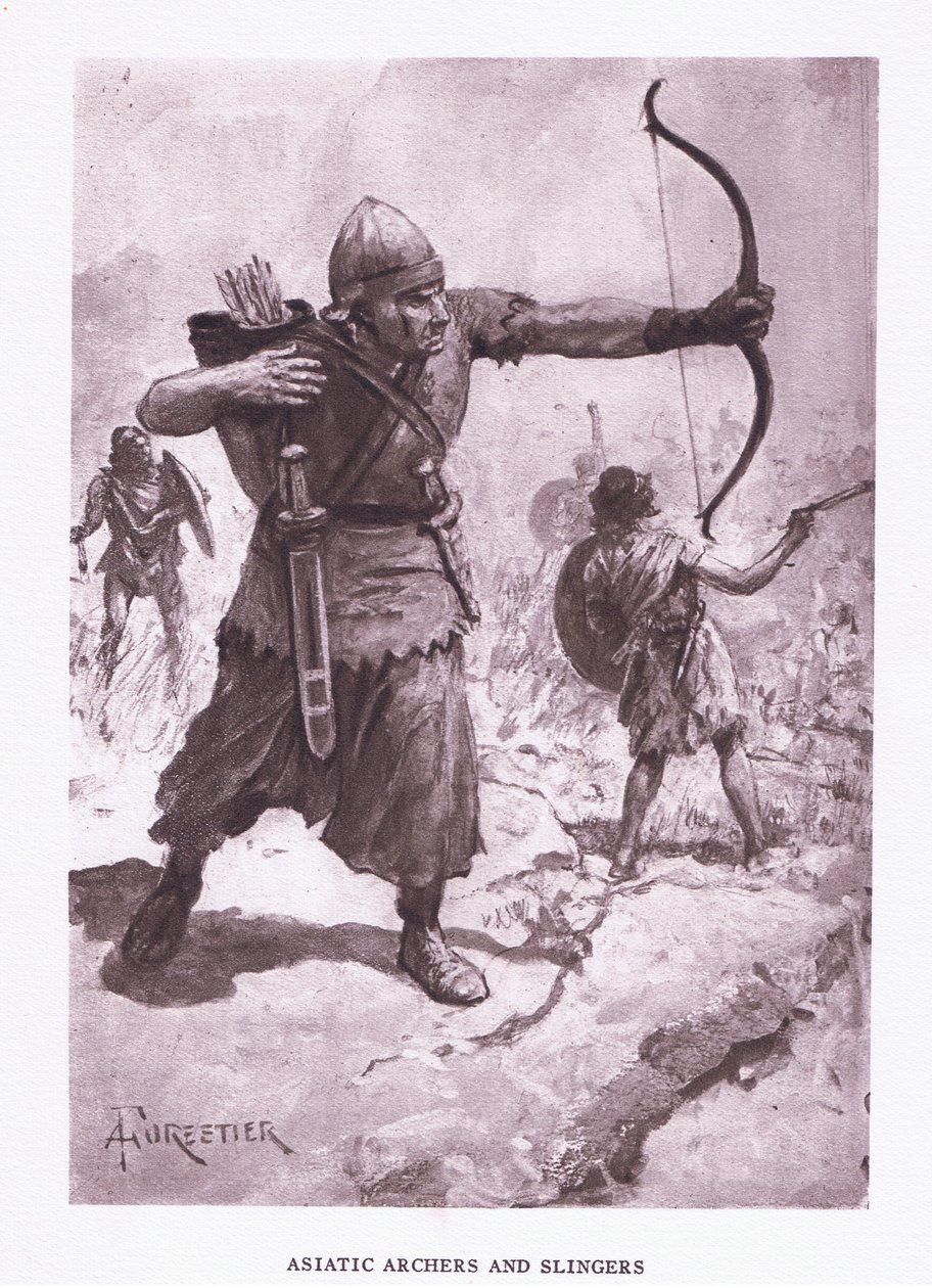 Asijští lučištníci a střelci z praku, ilustrace z knihyŘímský voják, 1928 od Amedee Forestier