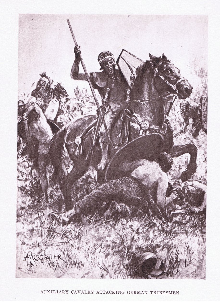 Pomocná jízda útočící na německé domorodce, ilustrace z The Roman Soldier, 1928 od Amedee Forestier