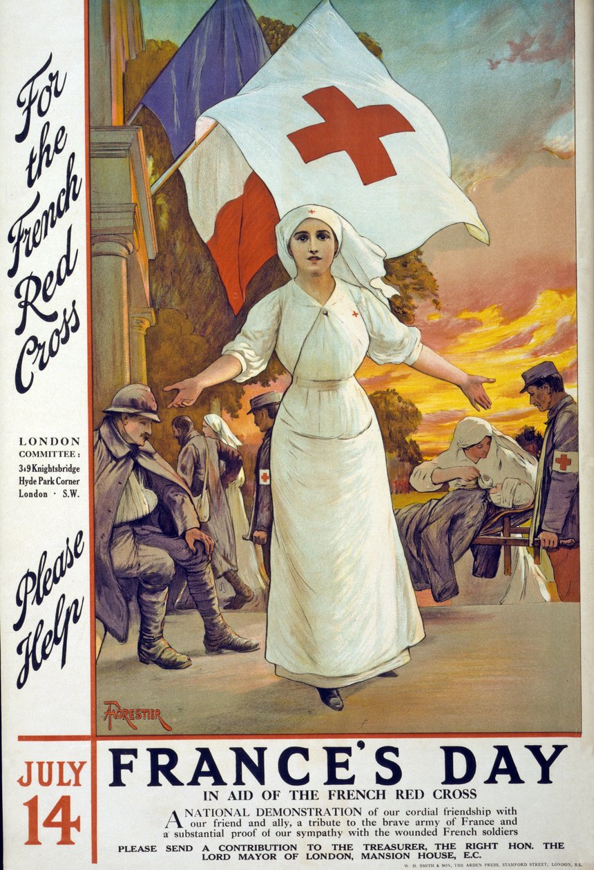 Fundraisingová výzva na pomoc francouzskému Červenému kříži na Den Francie, 14. července, pub. Londýn, kolem roku 1915 od Amedee Forestier