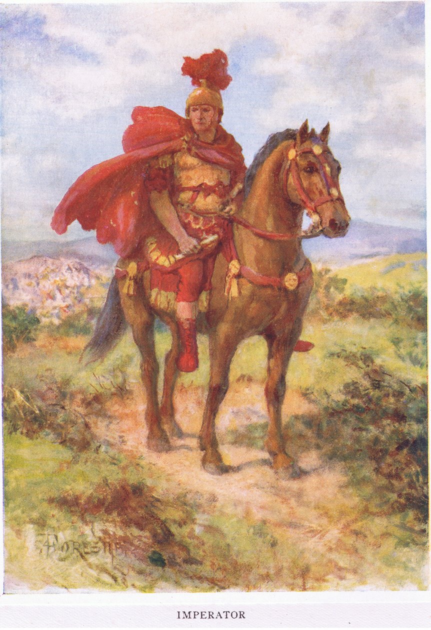 Imperator: původně tu byl, vítězný římský generál byl pozdraven svými vojáky v poli. Později byl titul vyhrazen pouze pro císaře, ilustrace z The Roman Soldier, 1928 (barva od Amedee Forestier