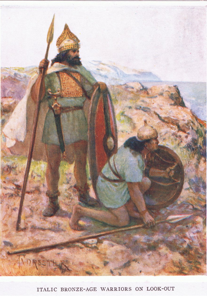 Válečníci z doby bronzové kurzívou na pozoru, ilustrace z „Římského vojáka“ od Amedee Forestier