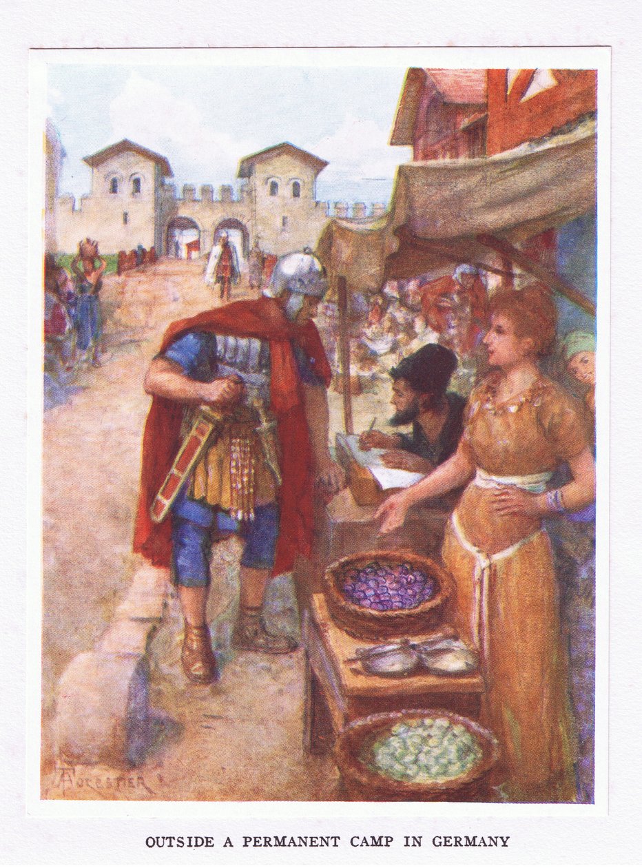 Před stálým táborem v Německu, ilustrace z knihyŘímský voják, 1928 od Amedee Forestier