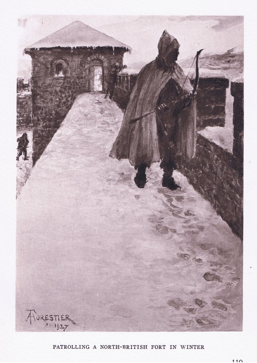Hlídkování severobritské pevnosti v zimě, ilustrace z The Roman Soldier, 1928 od Amedee Forestier