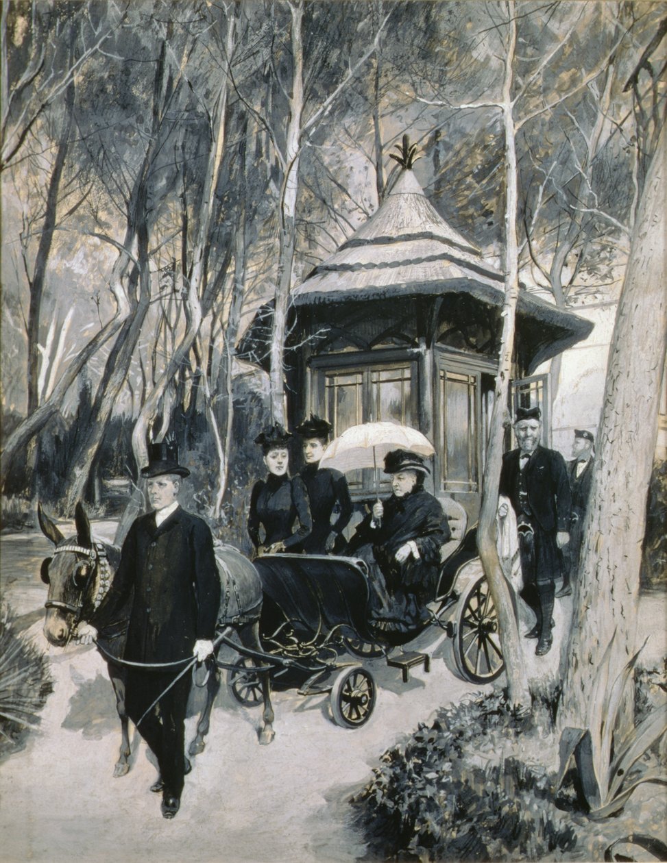 Královna Viktorie na koni v kočáře s Johnem Brownem v přítomnosti (grisaille) od Amedee Forestier