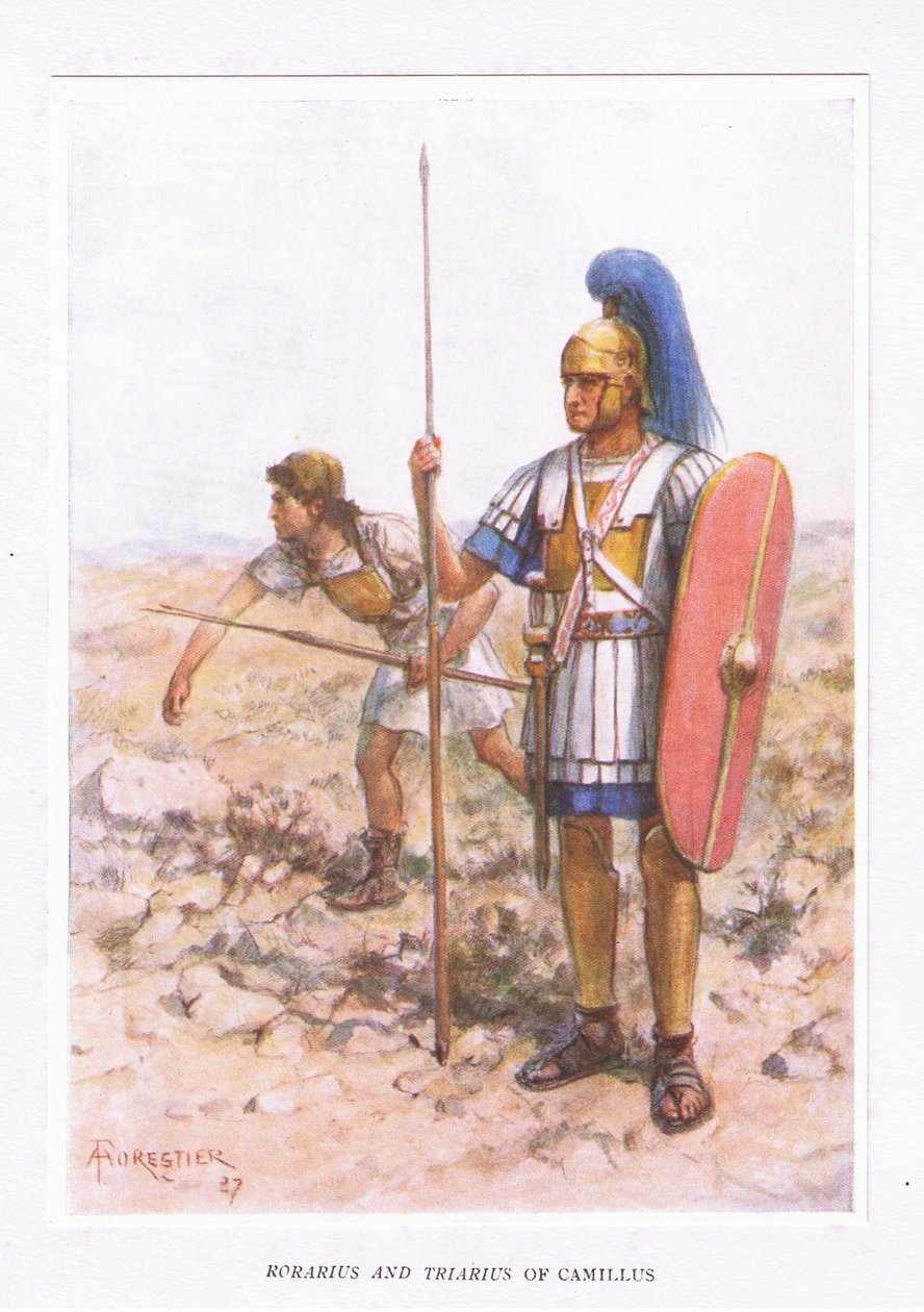 Rorarius a Triarius u Camillus, ilustrace z The Roman Soldier, 1928 od Amedee Forestier