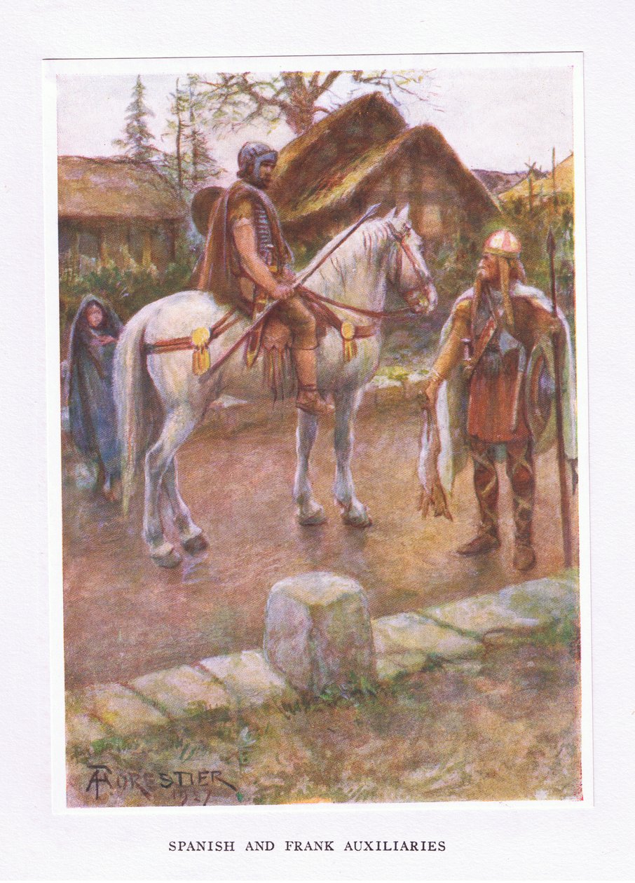 Španělští a Frankoví pomocníci, ilustrace z The Roman Soldier, 1928 od Amedee Forestier