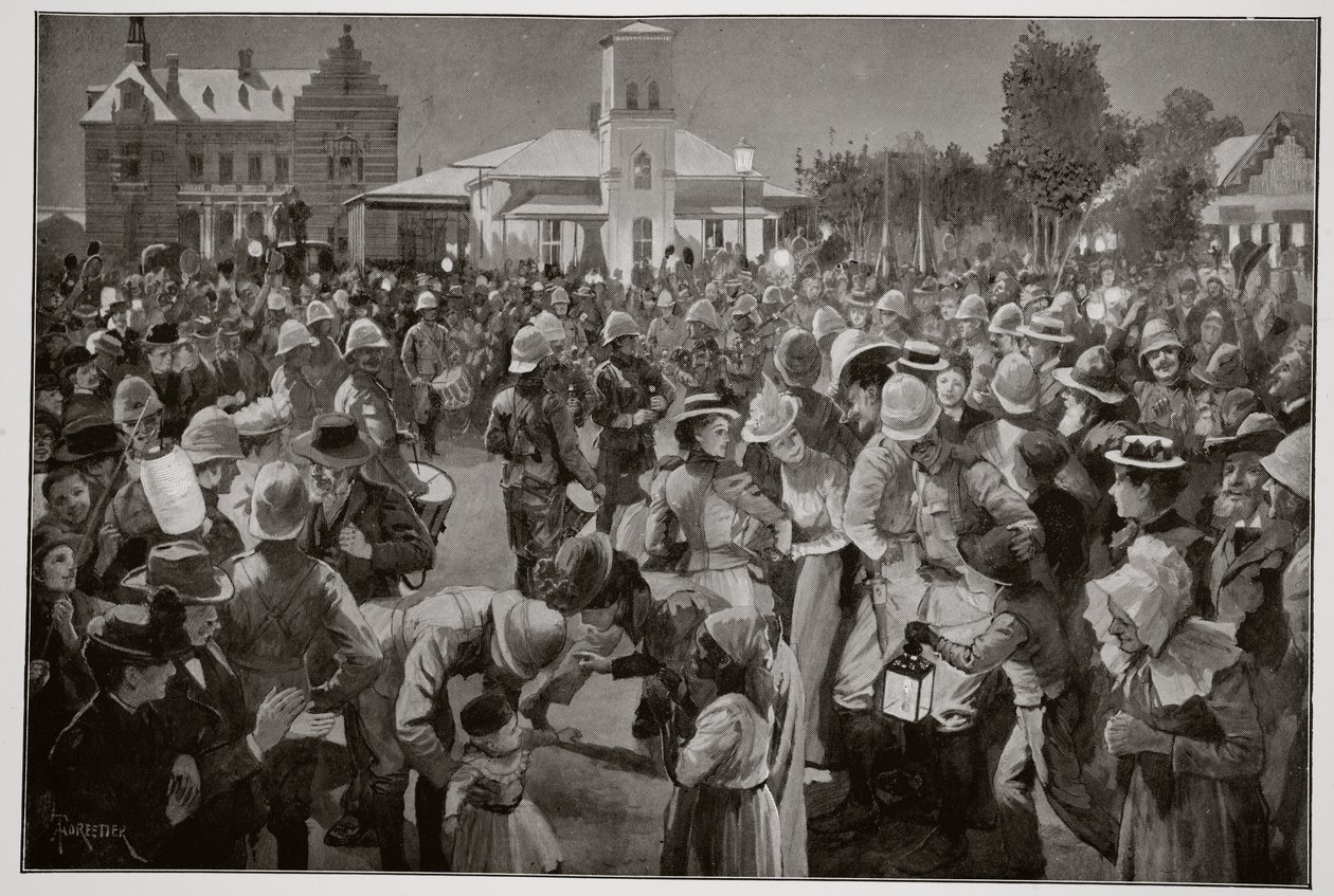 Britská okupace Bloemfonteinu – večerní koncert na náměstí u dýmek Highland Brigade od Amedee Forestier