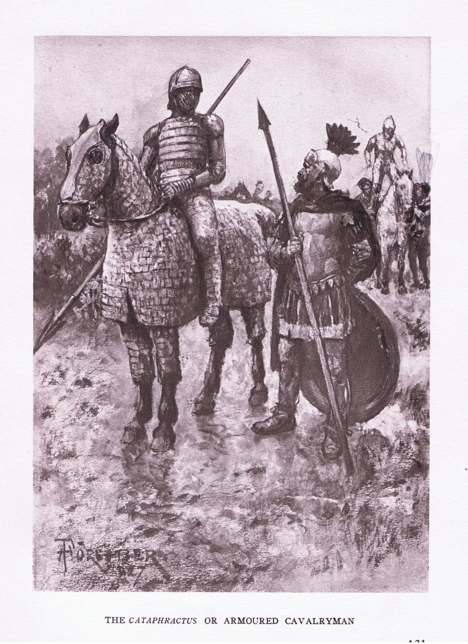 Cataphractus nebo obrněný kavalerista, ilustrace z The Roman Soldier, 1928 od Amedee Forestier