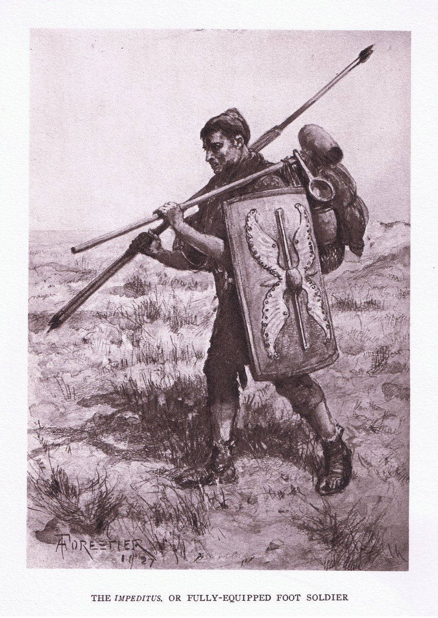 Impeditus neboli plně vybavený pěšák, ilustrace z The Roman Soldier, 1928 od Amedee Forestier