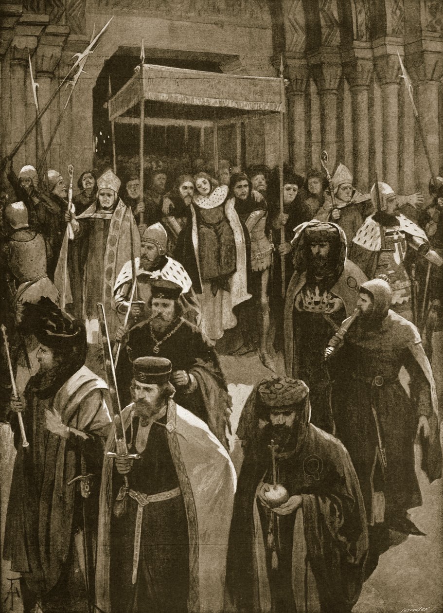 Odpočinek po korunovaci Richarda II., vigilie svatého Kenelma, 16. července 1377, z "The Illustrated London News", 1902. od Amedee Forestier
