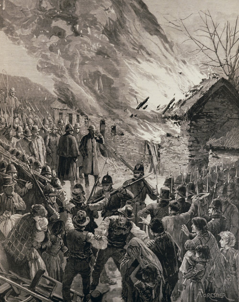 Nájemní válka v Irsku: Vypalování domů vystěhovaných nájemníků v Glenbeigh, hrabství Derry, z „The Illustrated London News“, 29. ledna 1887 od Amedee Forestier