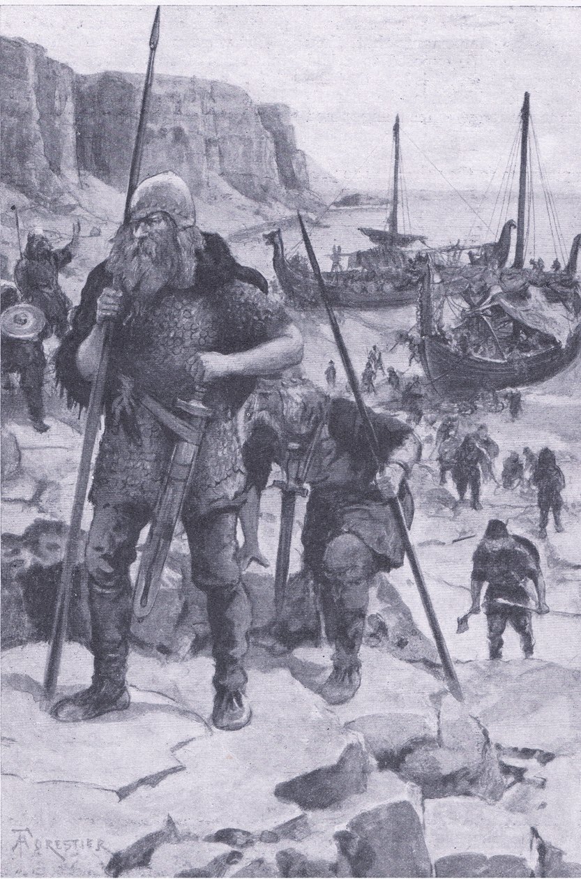 Vikingové nacházejí Ameriku, z My Magazine, pub. 1922 (litho) od Amedee Forestier