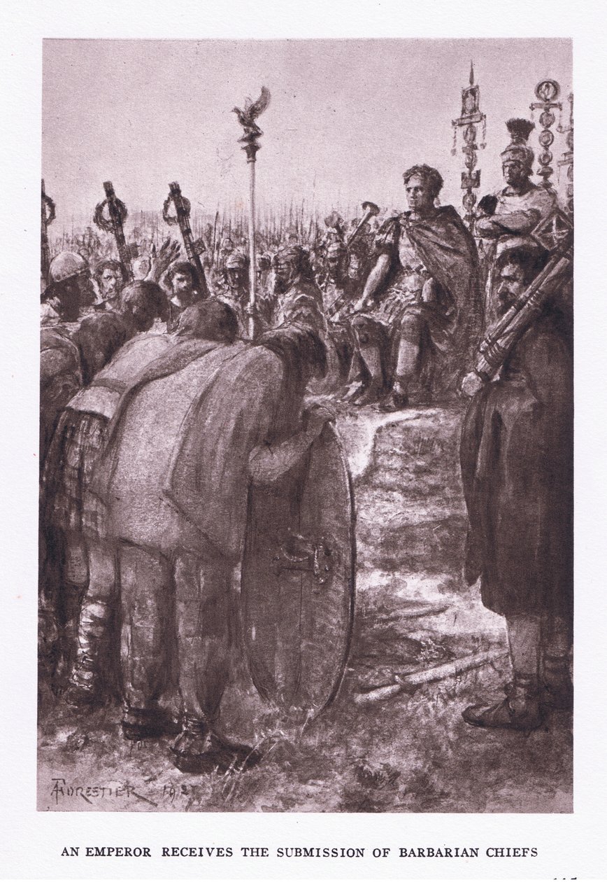 Císař přijímá podání barbarských náčelníků, ilustrace z římského vojáka, 1928 od Amedee Forestier