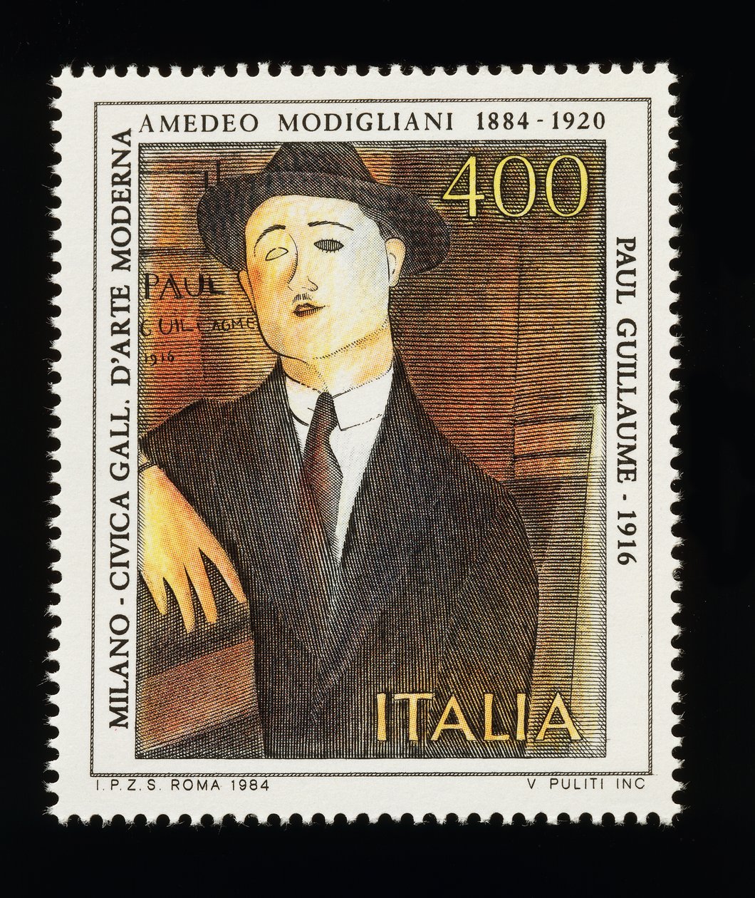 Poštovní známka z italské umělecké série k poctě Amedeo Modigliani (1884-1920), zobrazující Portrét Paula Guillauma (1916), známka 400 lir od Amadeo (after) Modigliani