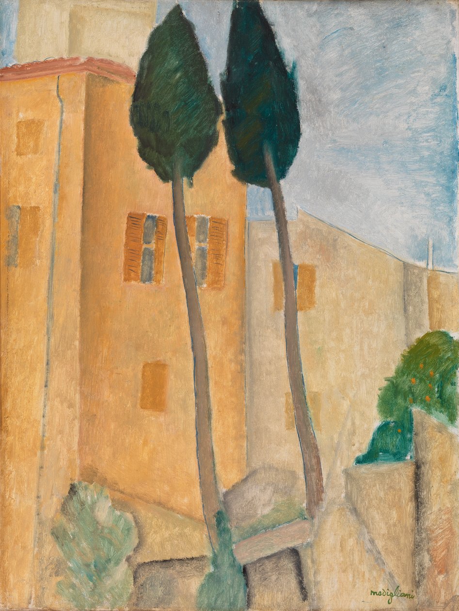 Cypřiše a domy v Cagnes od Amedeo Modigliani