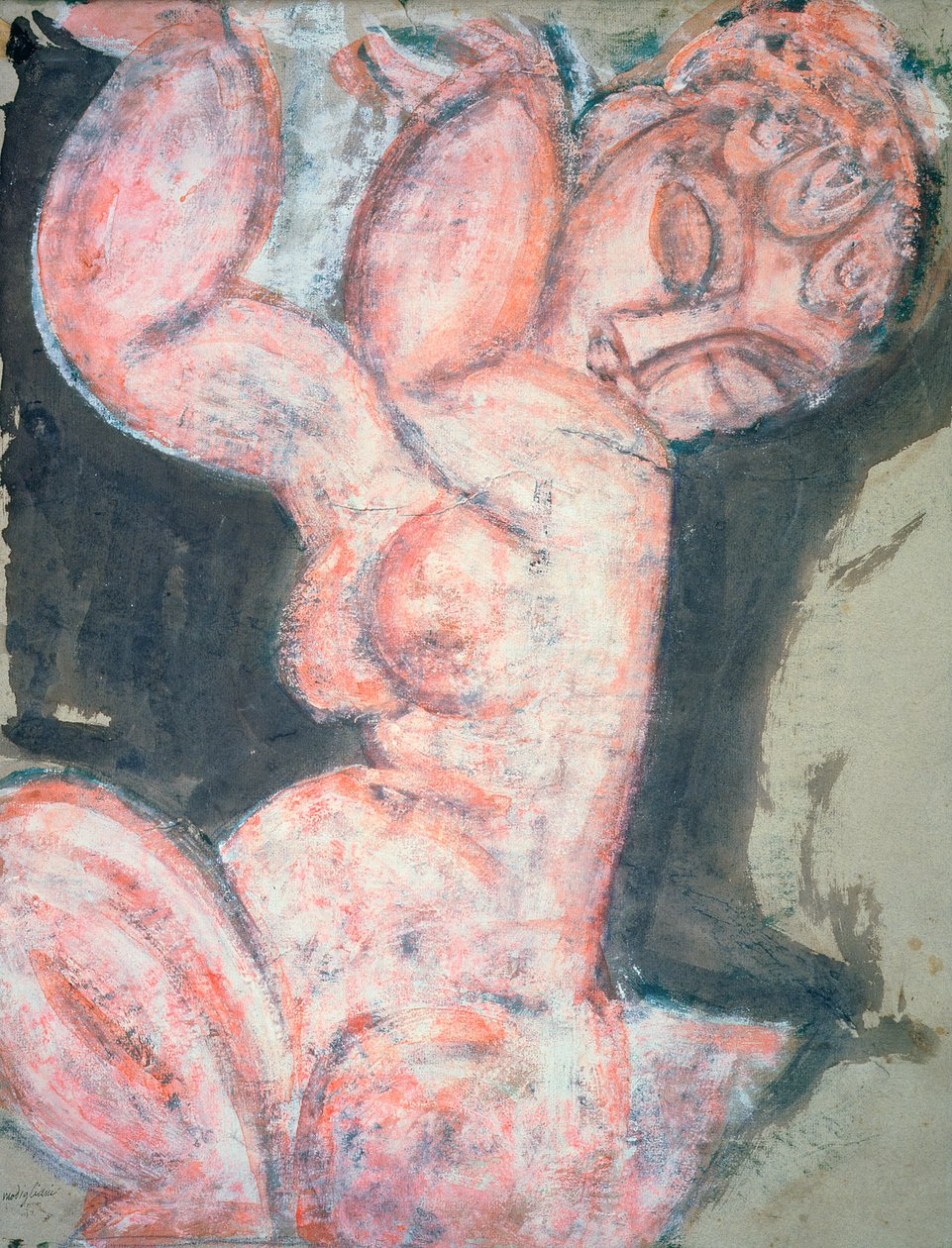 Růžový akt, karyatida (wc, kvaš, pastelka a tužka na papíře) od Amedeo Modigliani