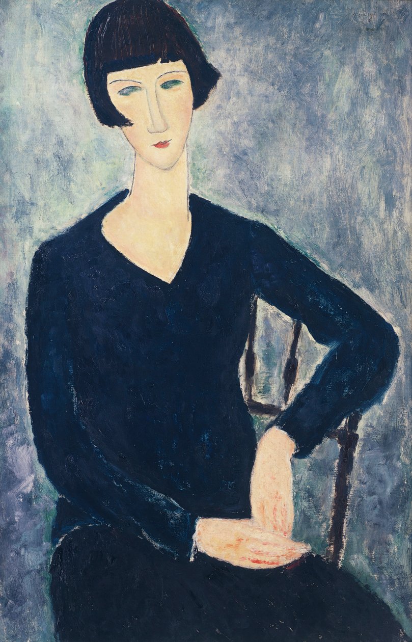 Mladá žena s třásněmi nebo mladá sedící žena v modrých šatech od Amedeo Modigliani