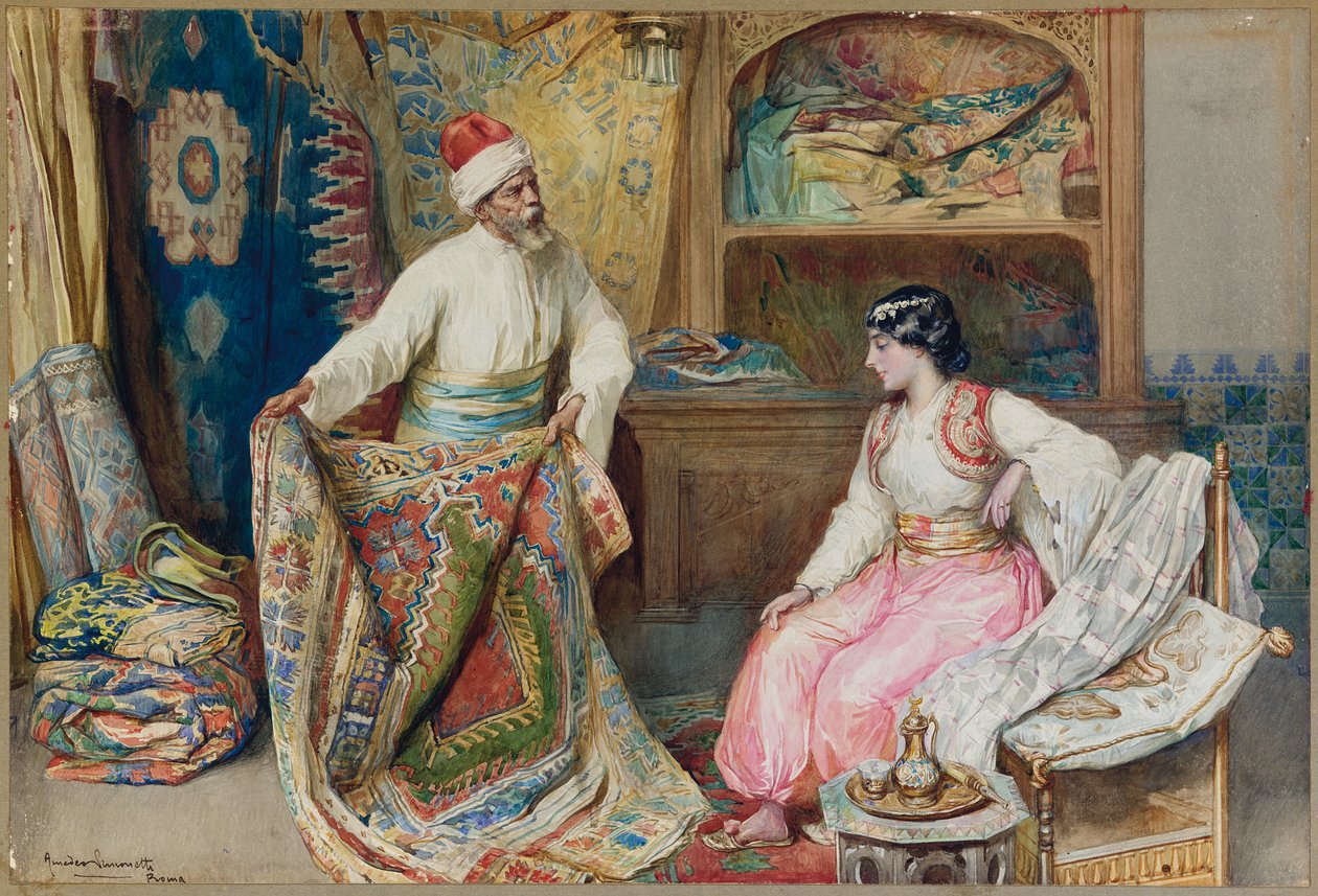The Carpet Merchant (tužka, w/c a kvaš na papíře) od Amedeo Momo Simonetti