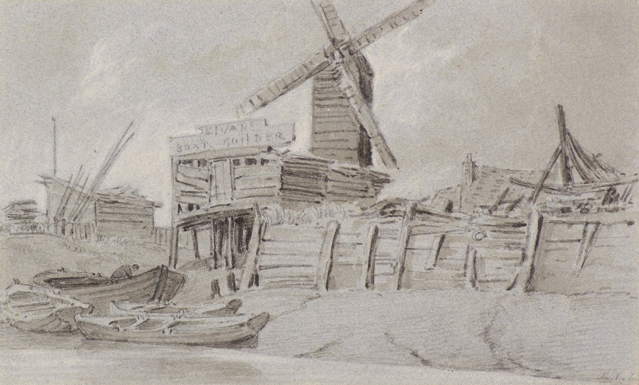 Windmill and Boat Yard, c.1803 (dřevěné uhlí, tužka a mytí) od Amelia Long