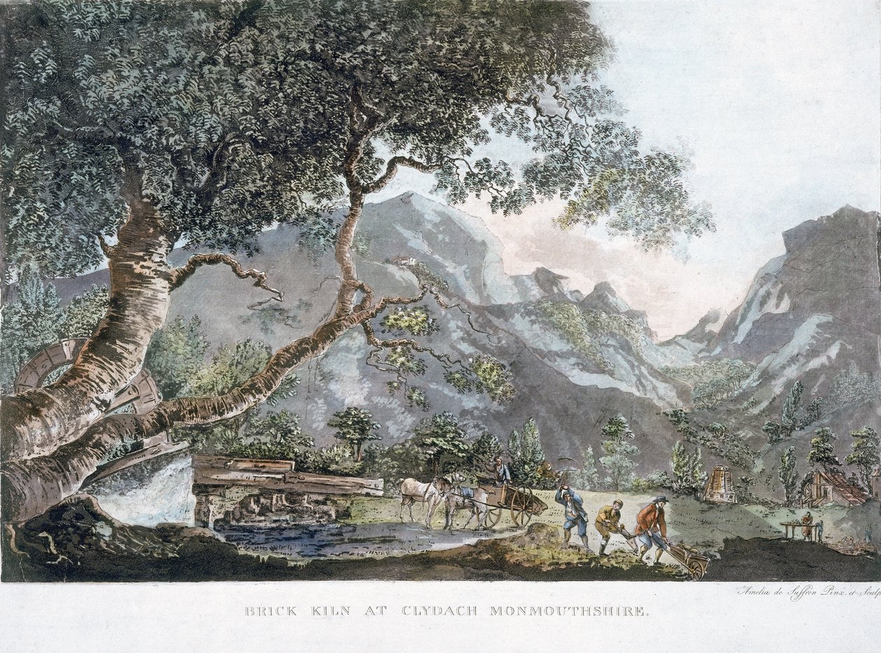 Brick Kiln v Clydachu, Monmouthshire, 1795 (barevná akvatinta) od Amelia de Suffren
